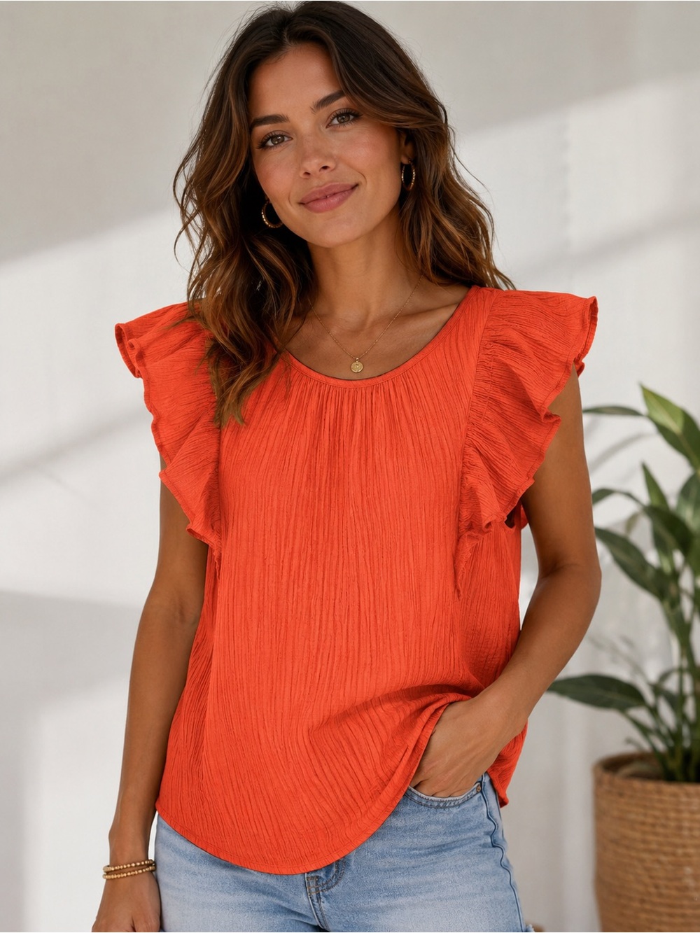 Coral Orange Ruffle Sleeve Textured Blouse Top Large